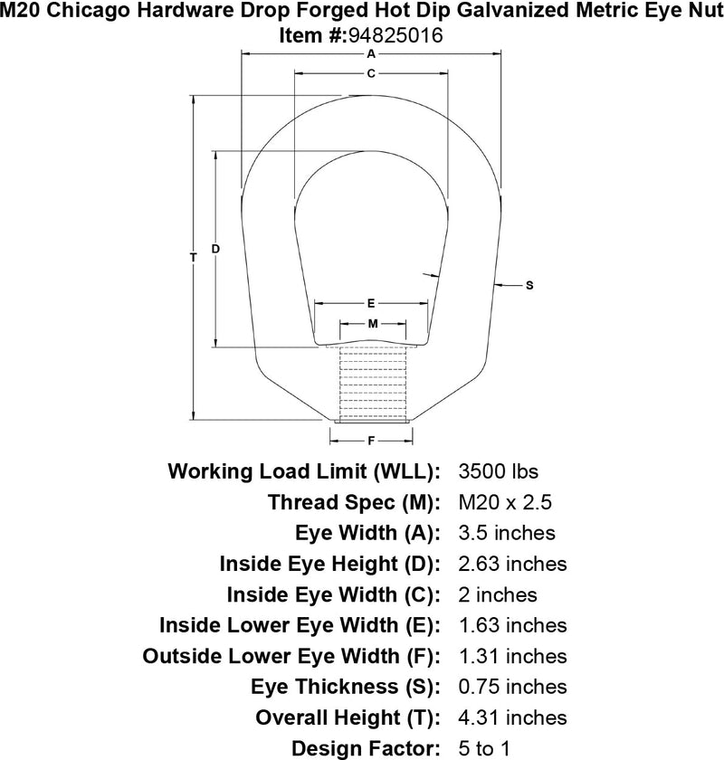 m20 chicago hardware drop forged hot dip galvanized metric eye nut specification diagram