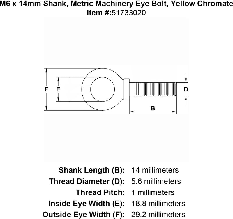 M6 X 13Mm Metric Machinery Eye Bolt Yellow Chromate Diagram
