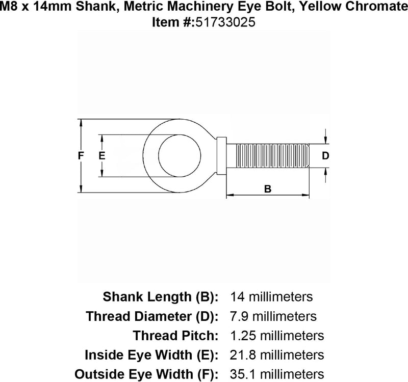 M8 X 13Mm Metric Machinery Eye Bolt Yellow Chromate Diagram