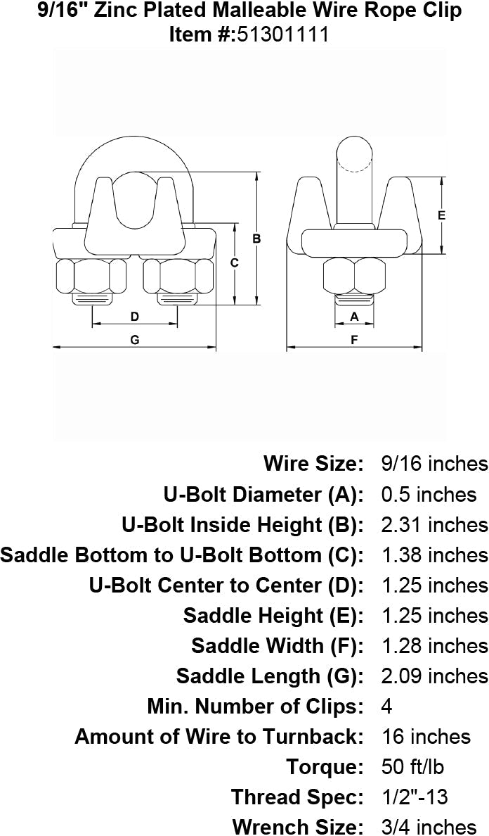 nine sixteenth inch Malleable Wire Rope Clip specification diagram