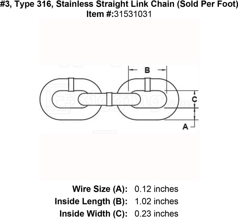 number three stainless straight link chain specification diagram