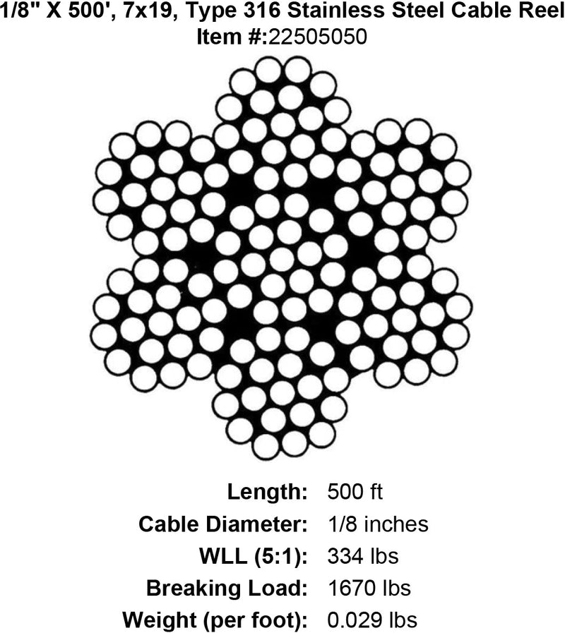 one eighth X 500 foot Grade 316 Stainless Cable specification diagram