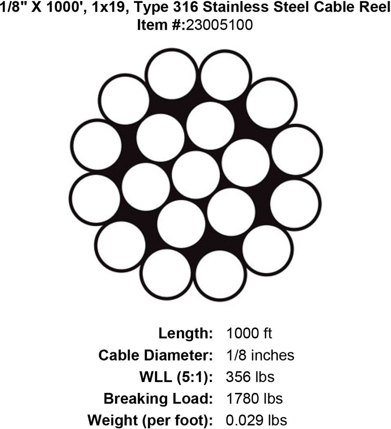 one eighth x 1000 foot 1 x 19 grade 316 stainless cable specification diagram