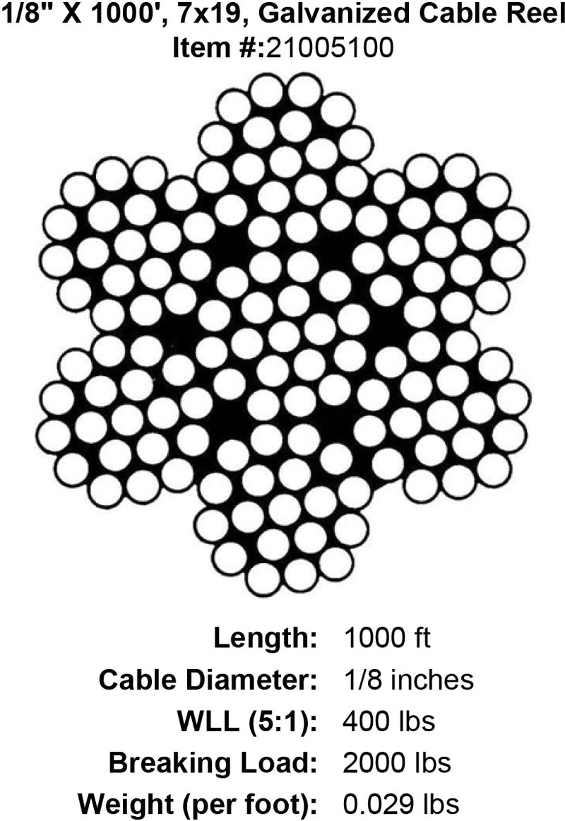 one eighth x 1000 foot galvanized cable specification diagram