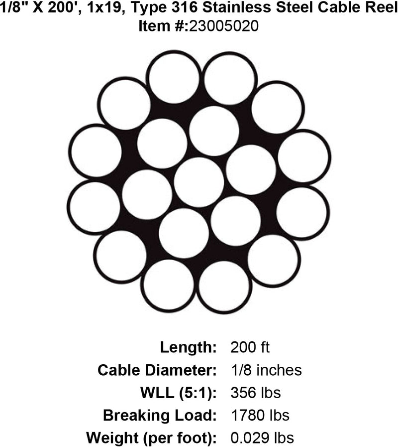 one eighth x 200 foot 1 x 19 grade 316 stainless cable specification diagram