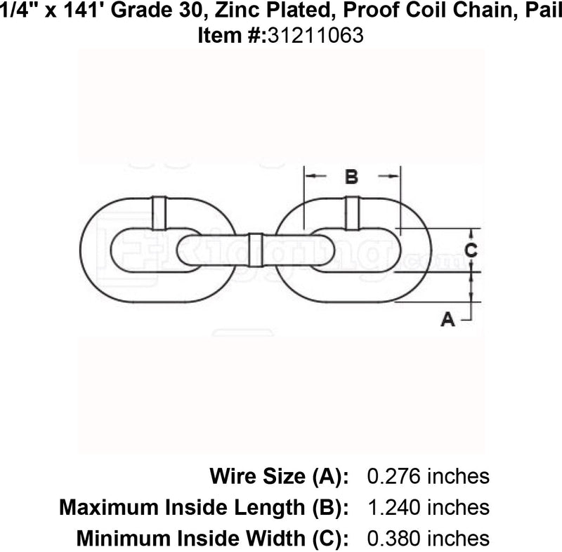 one fourth inch x 141 foot Grade 30 Zinc plated chain specification diagram