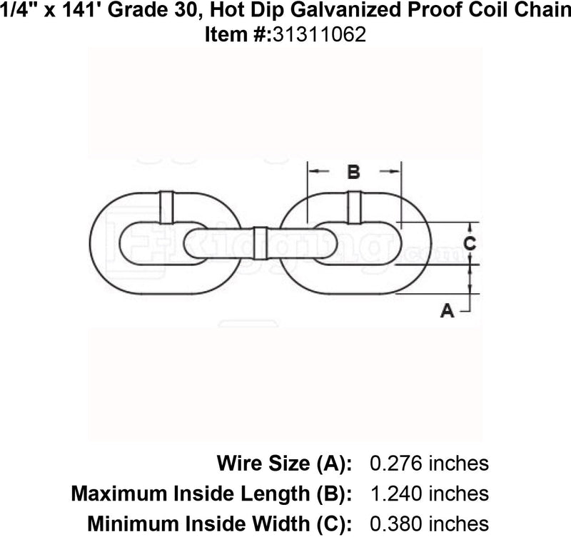 one fourth inch x 141 foot Grade 30 galvanized chain specification diagram