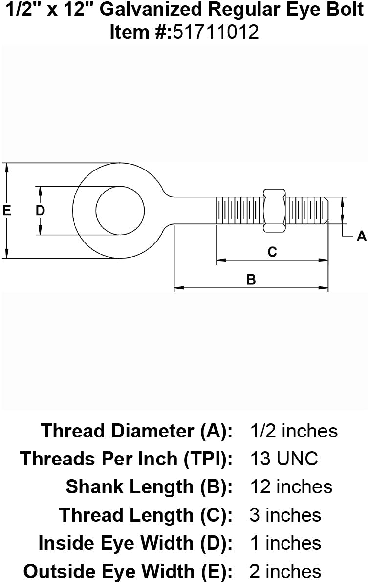 one half inch x 12 inch eyebolt specification diagram