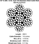 quarter X 200 foot Grade 316 Stainless Cable specification diagram