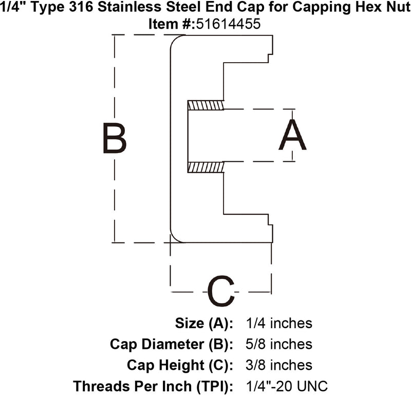 quarter inch stainless end cap for capping hex nut specification diagram