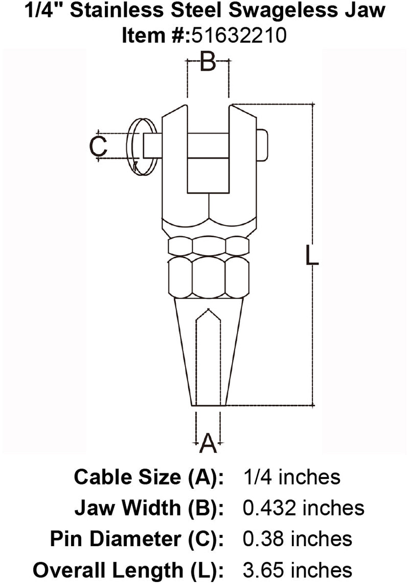 quarter inch stainless steel swageless jaw specification diagram