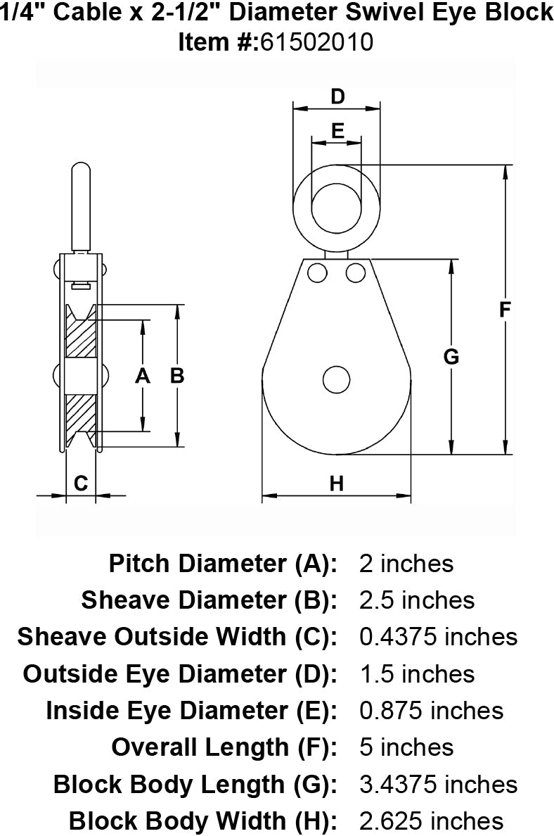 quarter inch swivel eye block specification diagram
