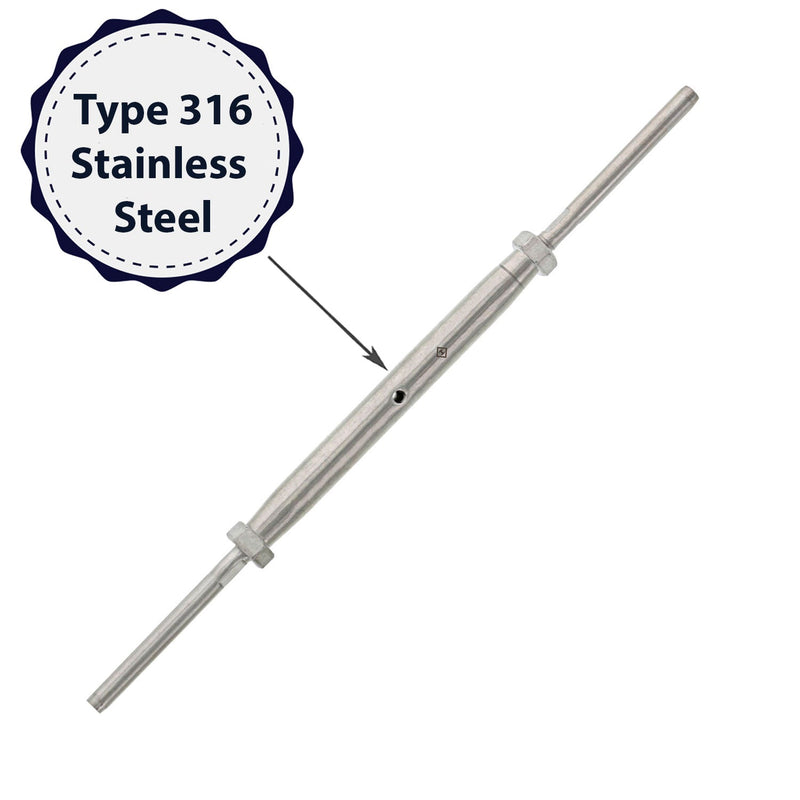 quarter inch x three and one quarter inch stainless steel threaded swage turnbuckle coating