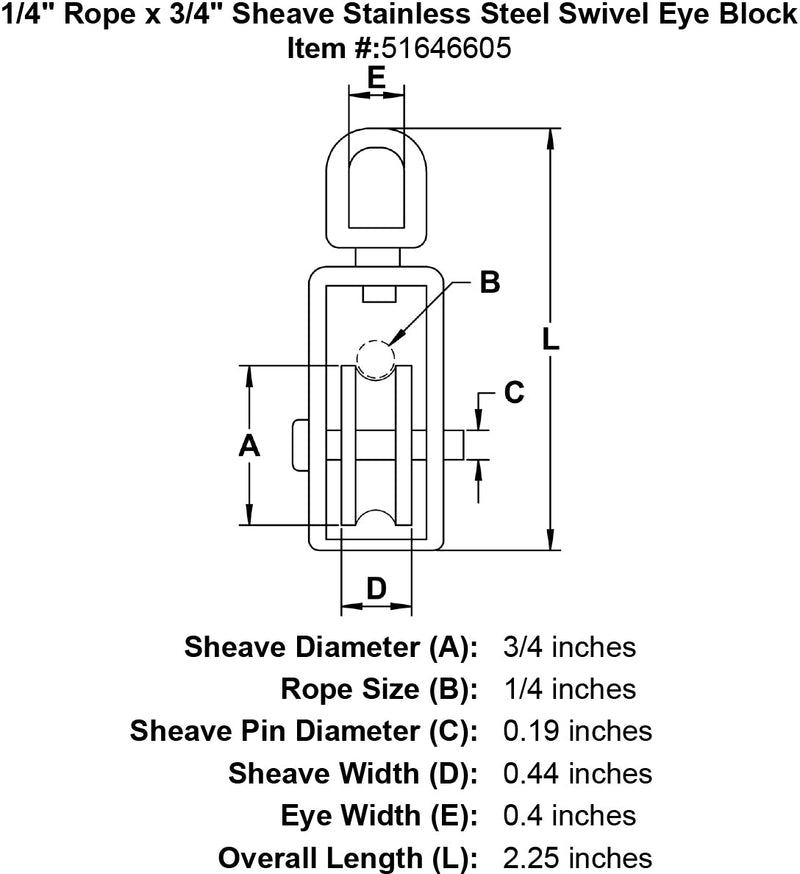quarter inch x three quarter inch stainless steel swivel eye block specification diagram