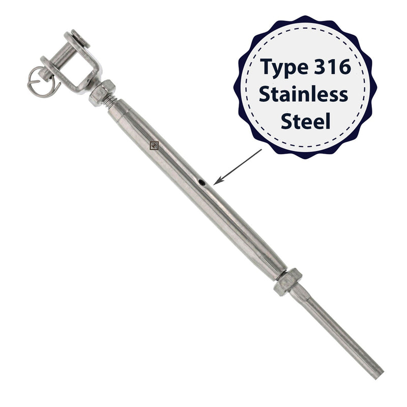 quarter x three and one quarter stainless steel Jaw x Hand Swage Turnbuckle for one eighth cable coating