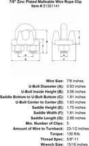 seven eighths inch Malleable Wire Rope Clip specification diagram