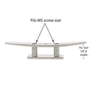 six inch Stainless Steel Low Flat Deck Cleat Style A screw and rope size graphic