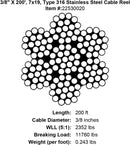 three eighths X 200 foot Grade 316 Stainless Cable specification diagram