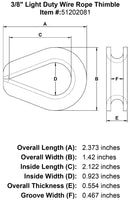 three eighths inch Light Duty Wire Rope Thimble specification diagram