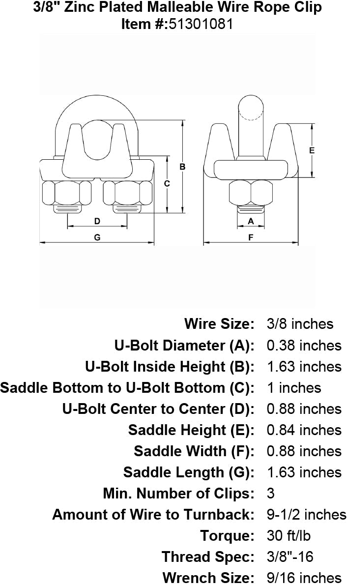 three eighths inch Malleable Wire Rope Clip specification diagram