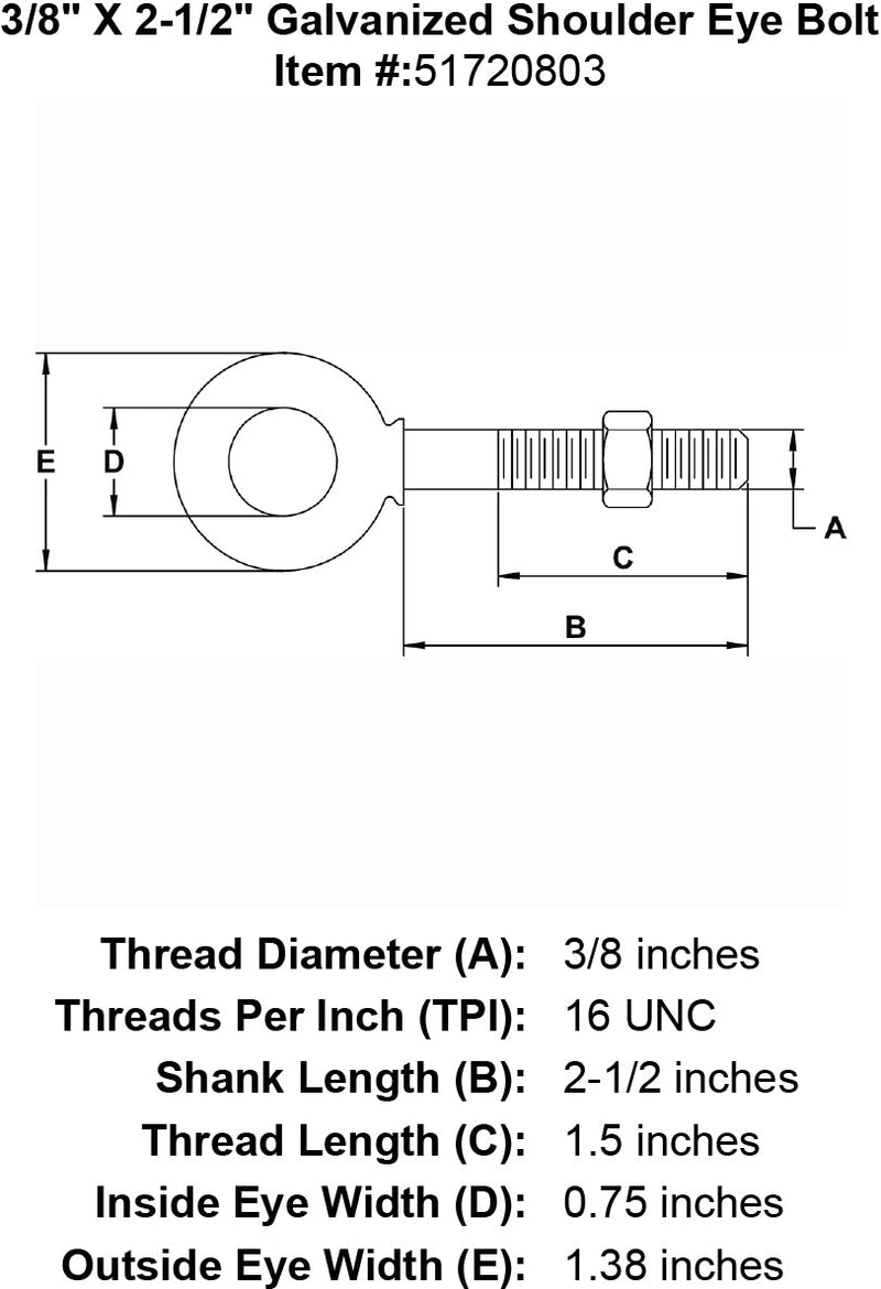 three eighths inch X 2 half inch Shoulder Eyebolt specification diagram