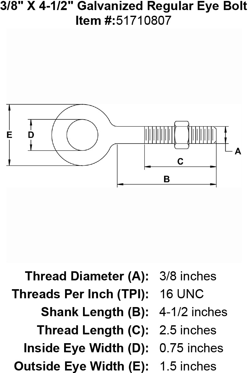 three eighths inch X 4 half inch Eyebolt specification diagram