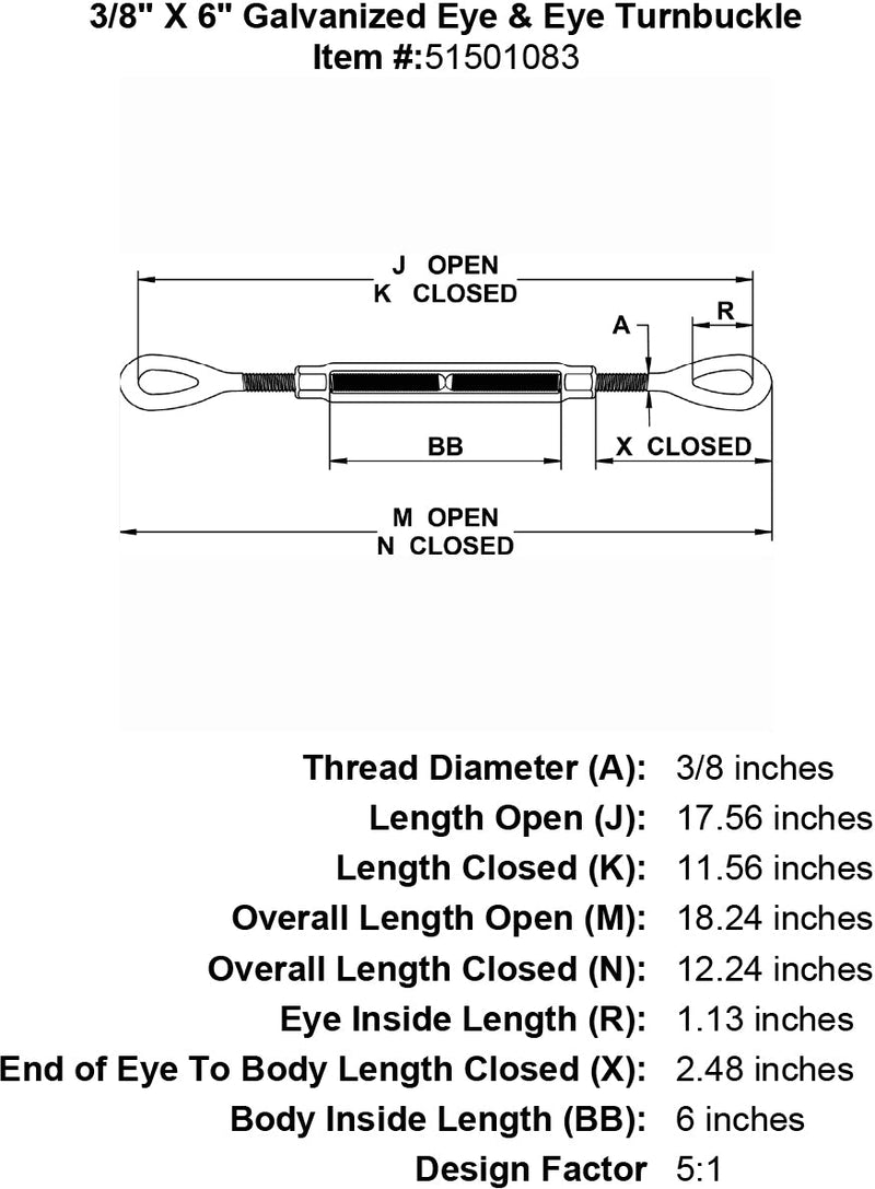 three eighths inch X 6 inch Eye Eye Turnbuckle specification diagram