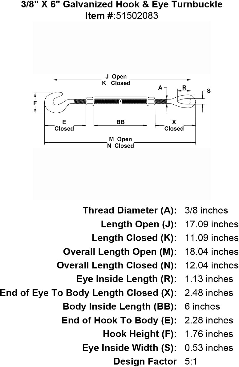 three eighths inch X 6 inch Hook Eye Turnbuckle specification diagram