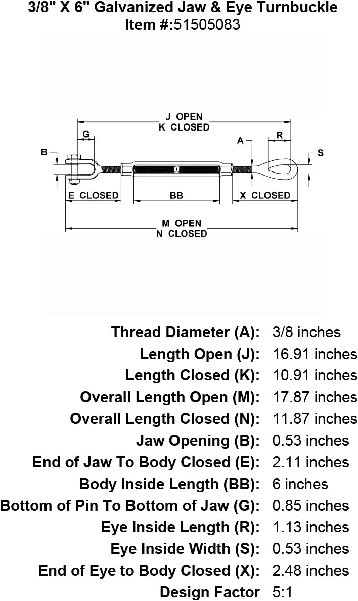 three eighths inch X 6 inch Jaw Eye Turnbuckle specification diagram
