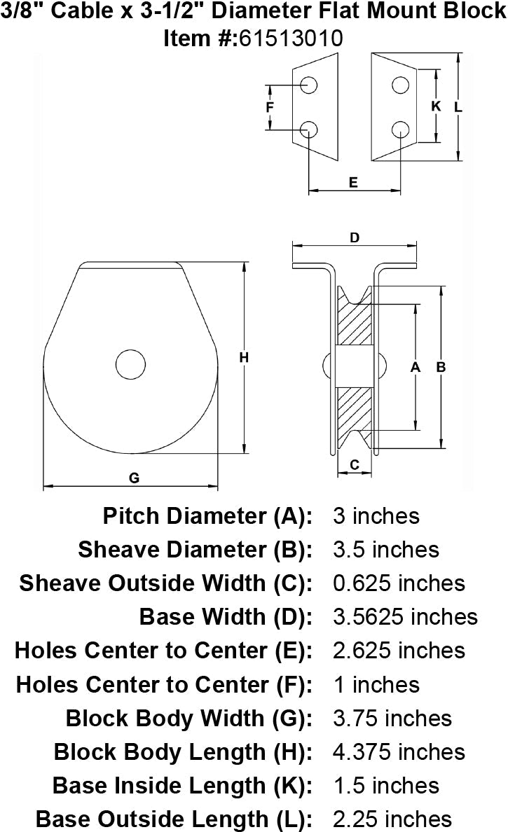 three eighths inch flat mount block specification diagram