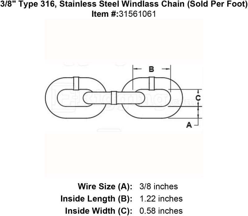 three eighths inch stainless windlass chain specification diagram