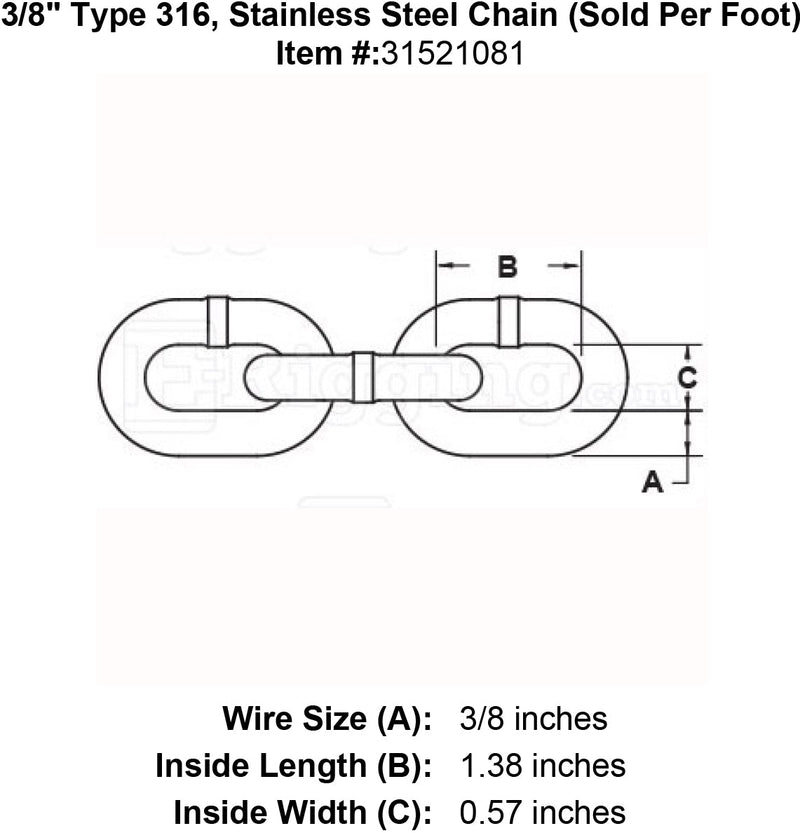 three eights inch stainless steel 316 chain specification diagram