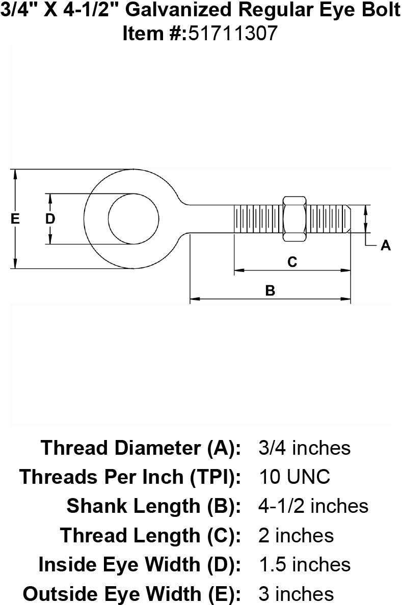 three quarter inch X 4 half inch Eyebolt specification diagram