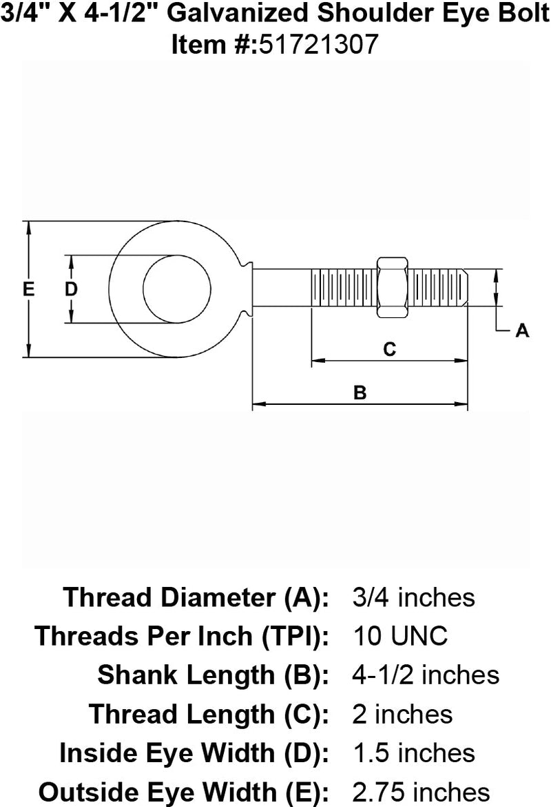 three quarter inch X 4 half inch Shoulder Eyebolt specification diagram