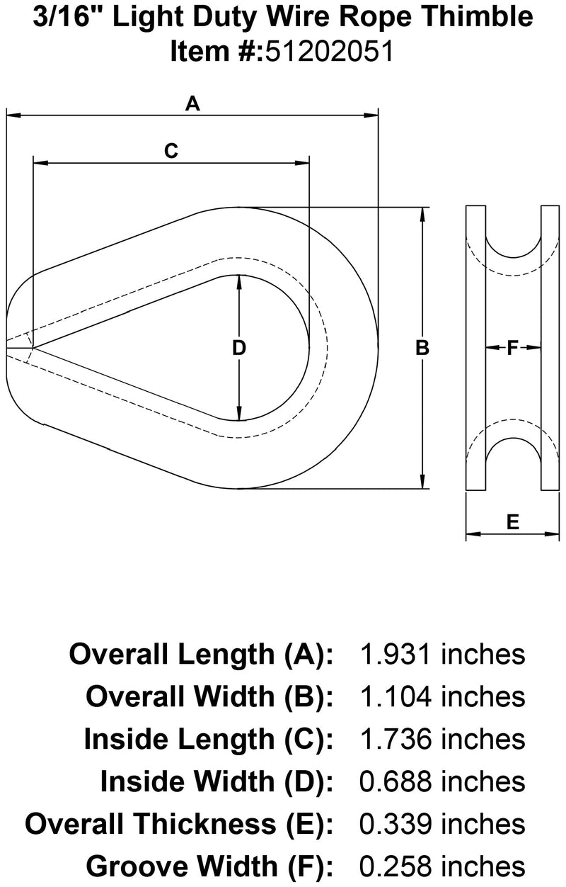 three sixteenths inch Light Duty Wire Rope Thimble specification diagram