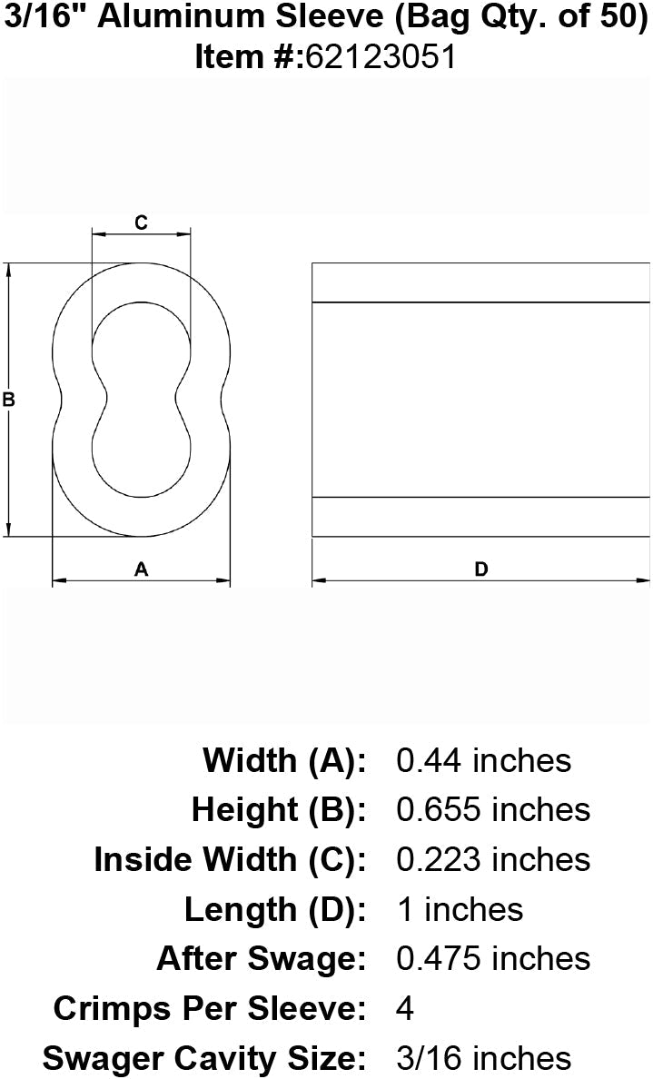 three sixteenths inch Sleeve specification diagram