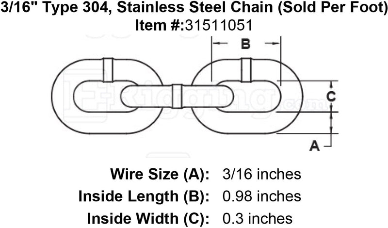 three sixteenths inch Stainless Chain specification diagram