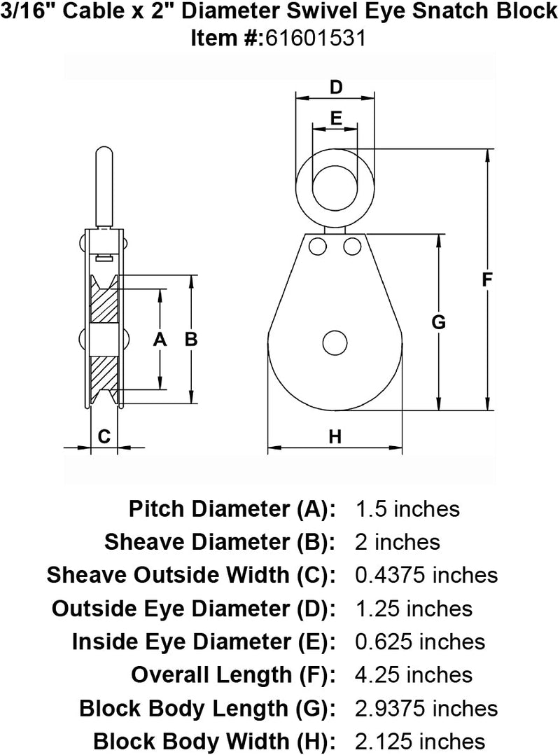 three sixteenths inch hd swivel eye snatch block specification diagram