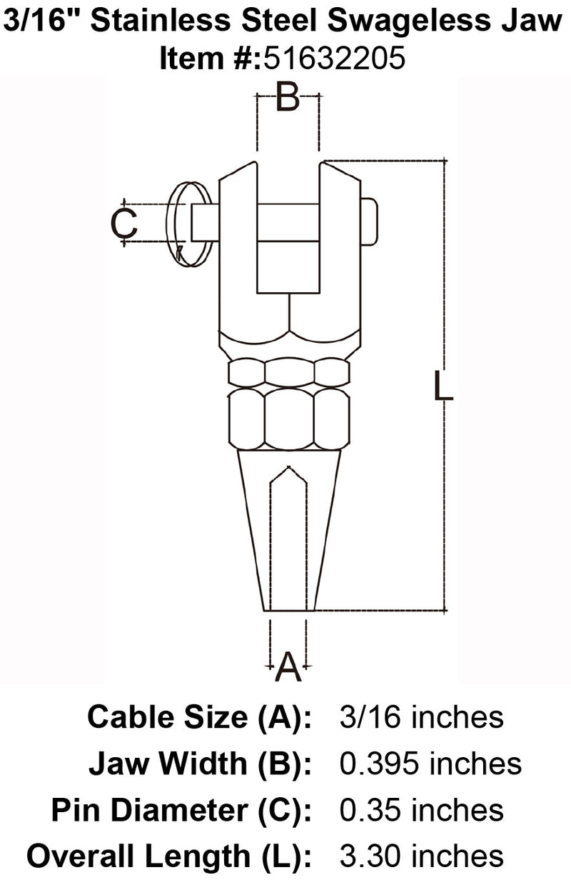 three sixteenths inch stainless steel swageless jaw specification diagram