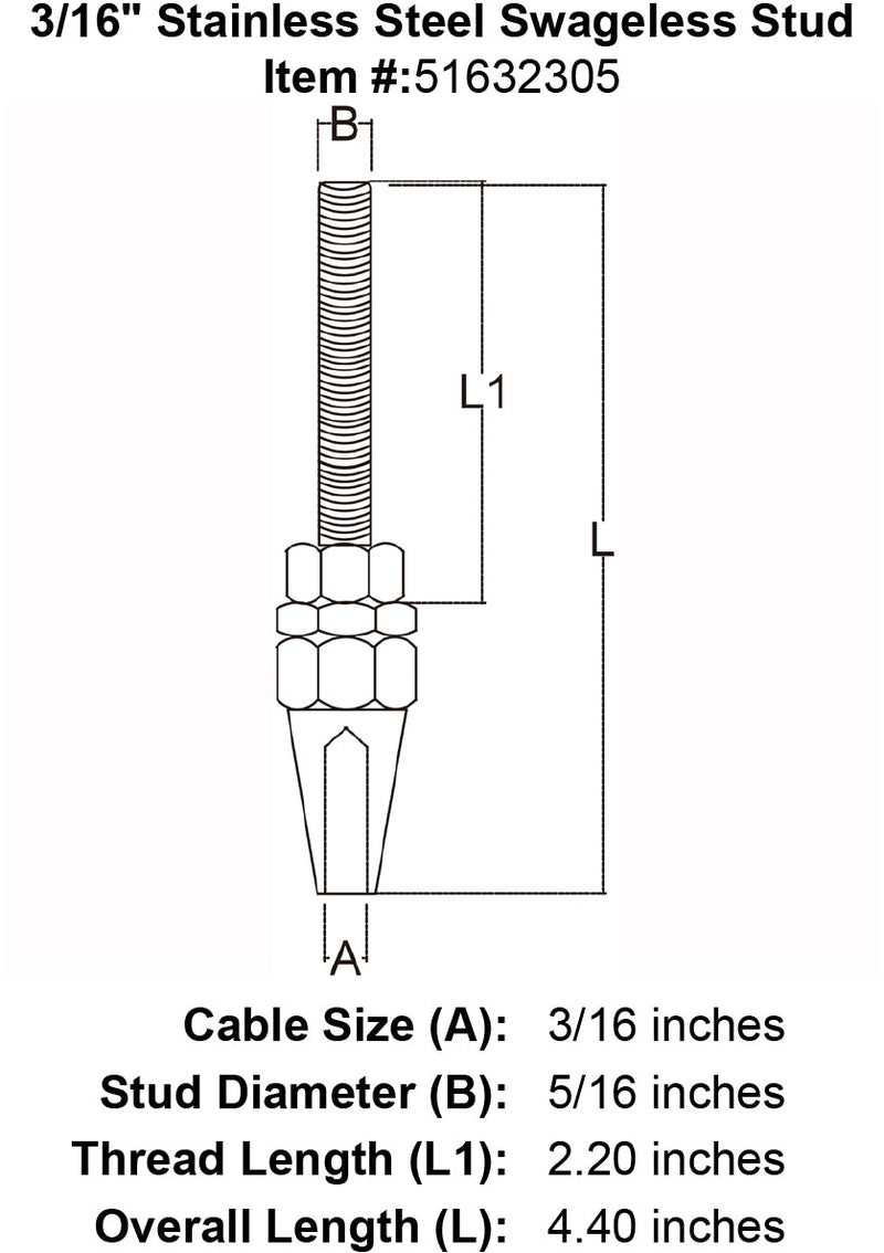 three sixteenths inch stainless steel swageless stud specification diagram