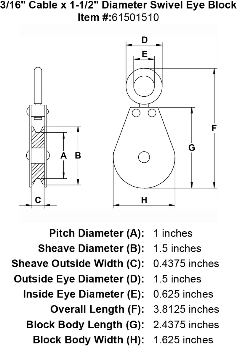 three sixteenths inch swivel eye block specification diagram
