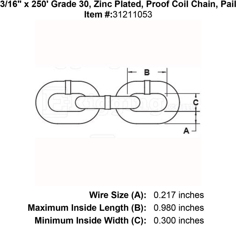 three sixteenths inch x 250 foot Grade 30 Zinc plated chain specification diagram