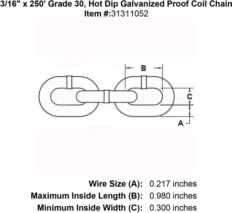 three sixteenths inch x 250 foot Grade 30 galvanized chain specification diagram