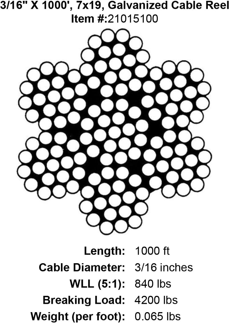 three sixteenths x 1000 foot galvanized cable specification diagram