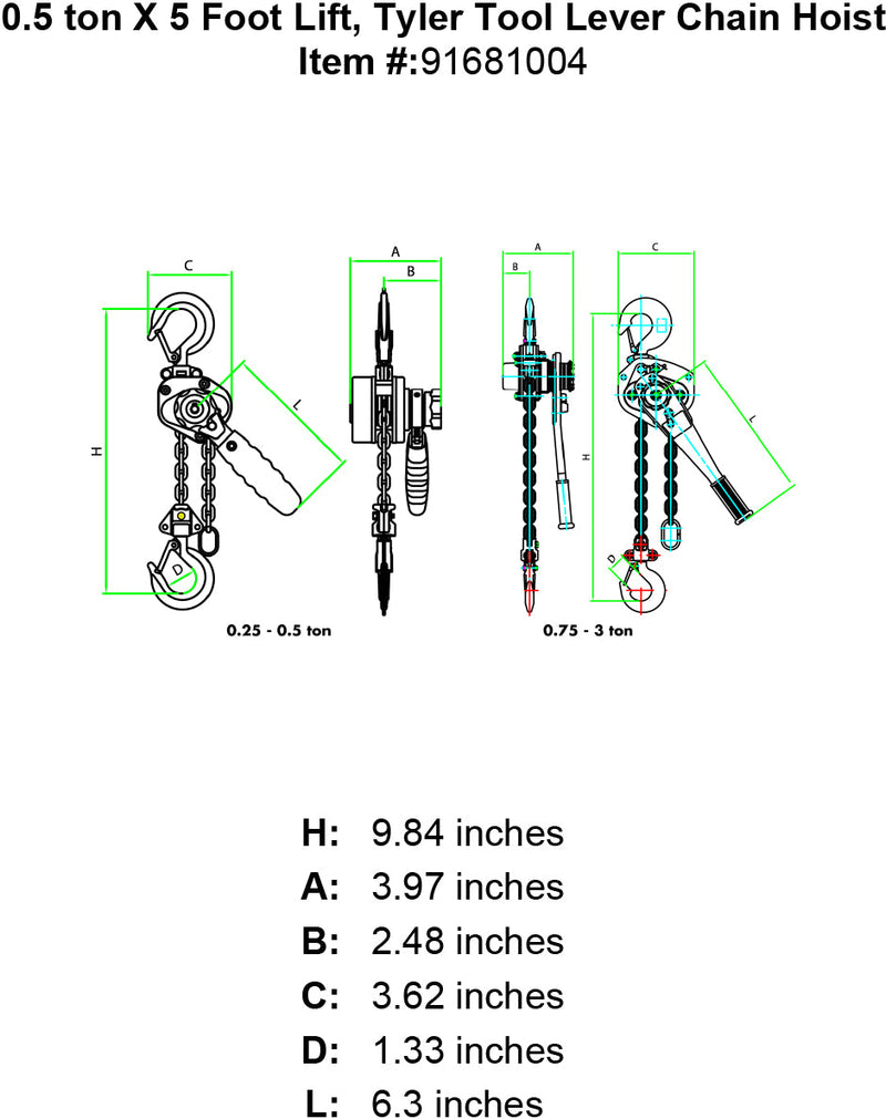 tyler half ton x 5 foot lever hoist specification diagram