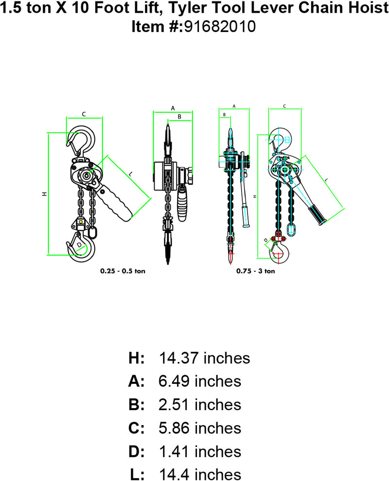 tyler one and a half ton x 10 foot lever hoist specification diagram