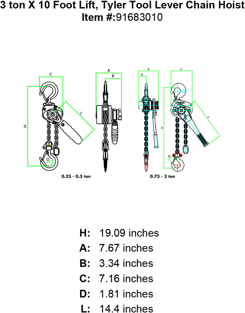tyler three ton x 10 foot lever hoist specification diagram
