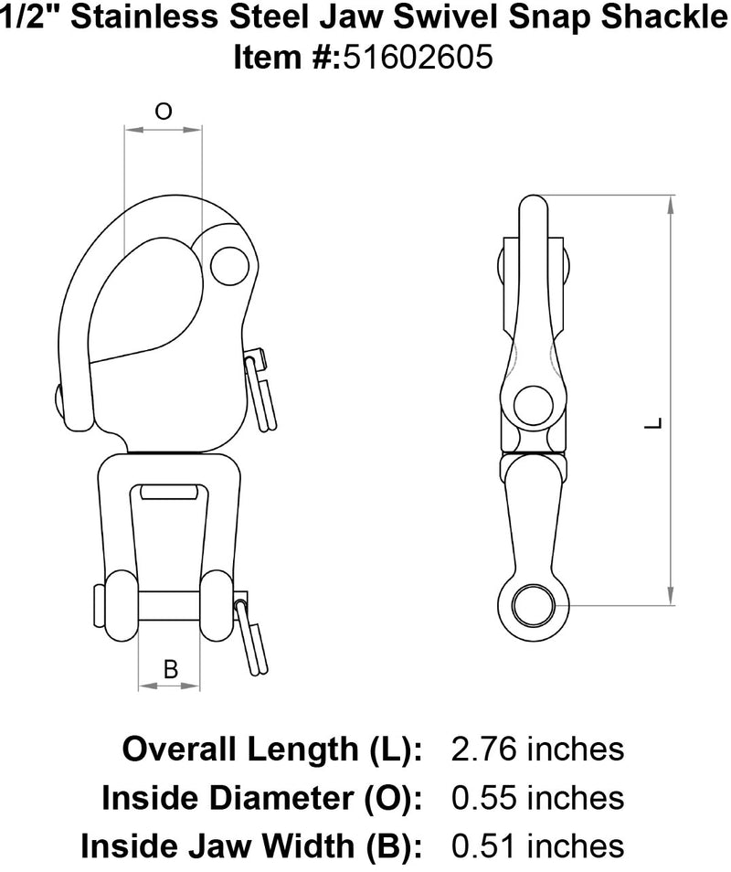 1/2 inch Stainless Steel Jaw Swivel Snap Shackle Specification Diagram