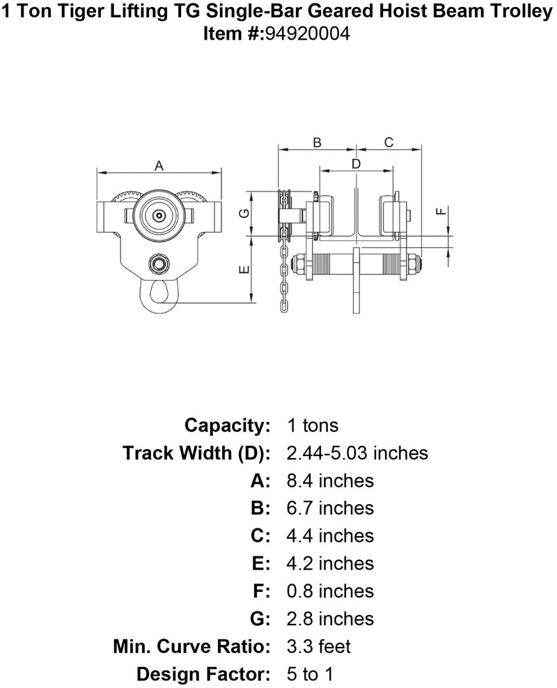 1 ton tiger lifting tg single bar geared hoist beam trolley specification diagram