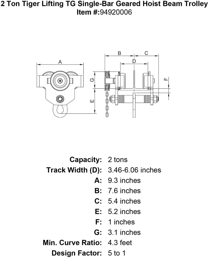 2 ton tiger lifting tg single bar geared hoist beam trolley specification diagram